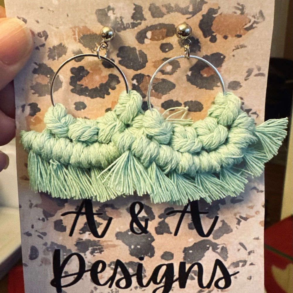 Mint Green Tassel Macrame‎ Bohemian Hoop Earrings